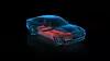Digital gerendertes Modell eines Dodge Charger Daytona EV mit transparenter Karosserie und rot hervorgehobener Batterie- und Antriebstechnik.