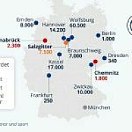 Werksschließungen: Welche VW-Werke sind gefährdet? Die Volkswagen-Standorte in Deutschland und die Anzahl ihrer Beschäftigten.