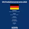 Produktionsstandorte von Volkswagen in Deutschland im Jahr 2025 mit Modellen wie Tiguan, Tayron, Golf und ID.4. Standorte: Wolfsburg, Emden, Zwickau, Osnabrück, Dresden.