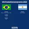 VW-Produktionsprogramm 2025 in Brasilien und Argentinien. Werke in Anchieta, Curitiba, Taubate und Pacheco fertigen Modelle wie Polo, T-Cross, Saveiro, Taos und Amarok.