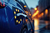 KI-generierte Nahaufnahme eines blauen Elektroautos an einer Ladestation. Der Ladestecker steckt in der seitlichen Ladebuchse, die von gelben Sternen als Symbol für die Europäische Union umgeben ist. Blaue Fahrzeugflächen und warme Lichtreflexe im Hintergrund verweisen auf Elektromobilität und den europäischen Markt.