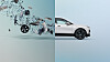 Geteilte Darstellung eines weißen BMW und zahlreicher zerlegter Fahrzeugkomponenten, die den Übergang vom Altfahrzeug zu wiederverwertbaren Materialien visualisiert.