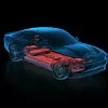 Digital gerendertes Modell eines Dodge Charger Daytona EV mit transparenter Karosserie und rot hervorgehobener Batterie- und Antriebstechnik.