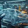 Engineers working on a digital car design in a high-tech automotive factory.