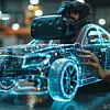 Entwickler arbeitet mit VR Brille an Autokonzept