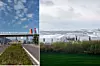 Zweiteilige Bildcollage mit VW-Werken: Links das Eingangstor des Volkswagen-Werks in Bratislava, Slowakei, mit deutsch-slowakischen Flaggen und blauem Himmel. Rechts eine Panoramaaufnahme des Volkswagen-Werks in Pamplona, Spanien, mit Blick über grüne Felder auf die weitläufige weiße Fabrikanlage vor bewölktem Himmel.